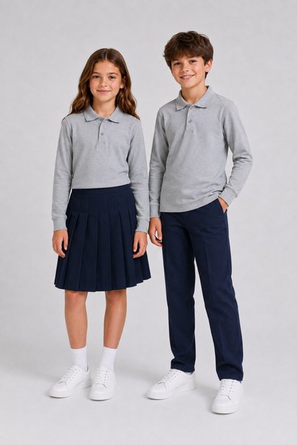 Girls & Boys Unisex Gray 100% Cotton Polo Collar Long Sleeve 2-Piece T-Shirt