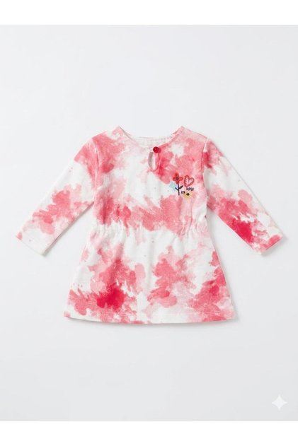 Tongs Baby Girl Tie Dye Patterned Heart and Flower Embroidered Long Sleeve Dress - Pink / White