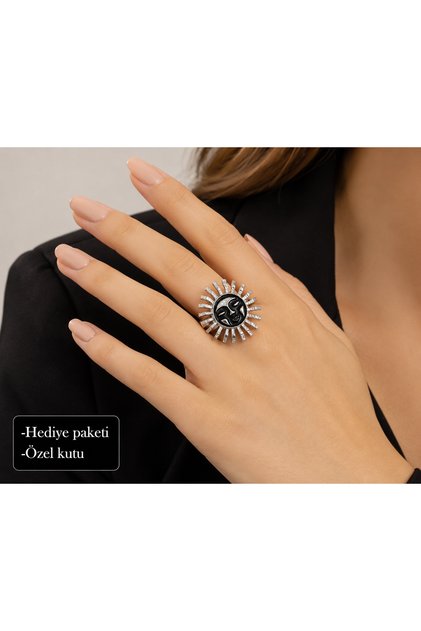 Silver Color Metal Ring with Black Sun Face Figure – Original Design Accessory