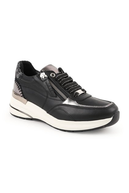 Women's Casual Shoes Genuine Leather Side Zipper Lace-Up Thick Sole Metallic Detailed Sneaker 26Y-