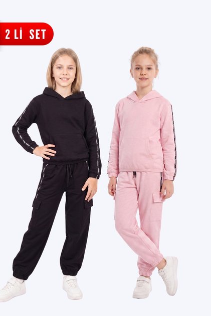 2-Piece Girls' Striped Detailed Cargo Pocket Hooded 4-Piece Tracksuit Set