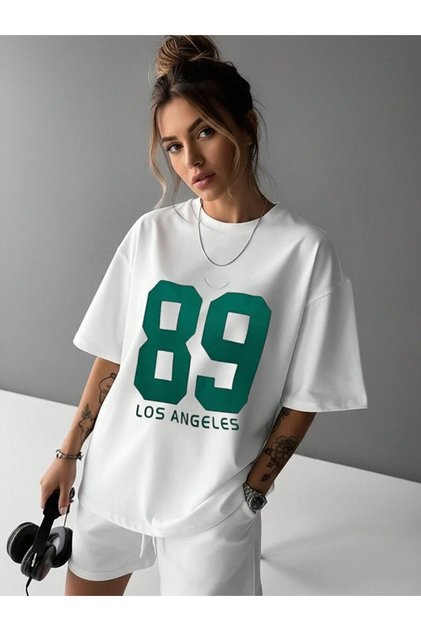 Women's 89 White Printed 100% Organic Cotton Relaxed Fit Round Neck T-Shirt