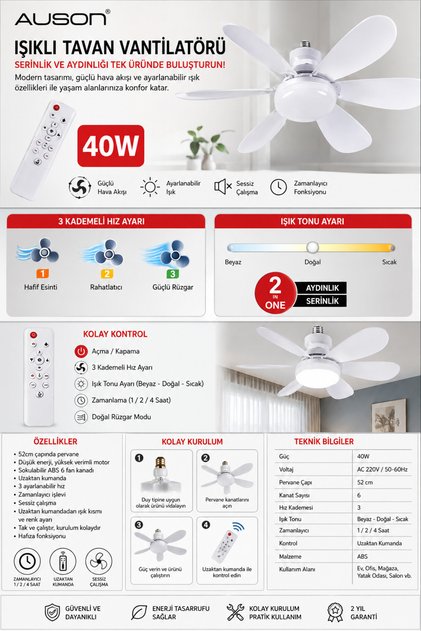 30W Işıklı Tavan Vantilatörü Kumandalı LED Ampul E27 Duy 6 Kanat Sessiz Çalışma