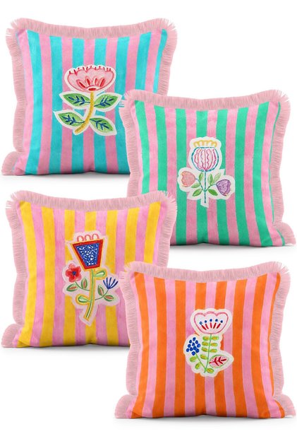 Set of 4 Fringed Throw Pillow Covers with Pastel Striped Botanical Floral Illustrations