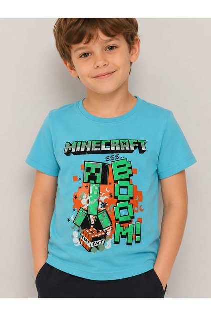 Minecraft baskılı penye interlok tişört