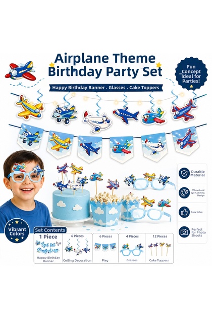 Airplane Themed Birthday Party Set – Banner, Glasses, Cake Decoration, Flag Set | Boy's Party Concept