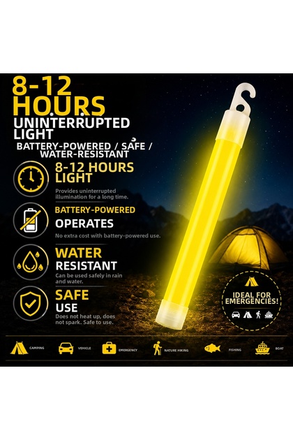 Shining Yellow Searchlight When Broken – 8-12 Hours of Light, Battery-Free, Waterproof, for Camping, Emergency, and Earthquake Bag