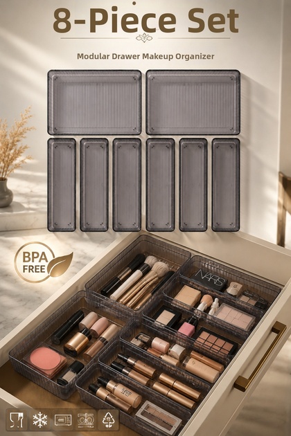 8-Piece Modular Makeup Set - Makeup Organizer for Inside the Drawer