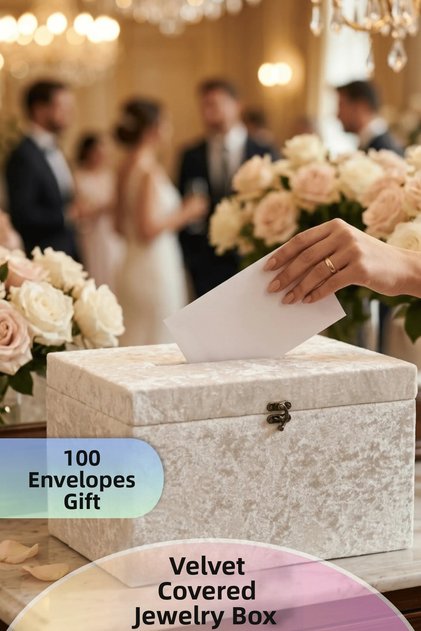 Кадифена кутия за бижута + 100 плика в подарък (20x22x33 см) Екрю