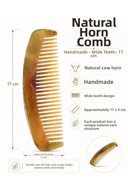 Natural Ox Horn Sparse Toothed Bone Comb Kt-171 - 18 cm for Curly and Wavy Hair