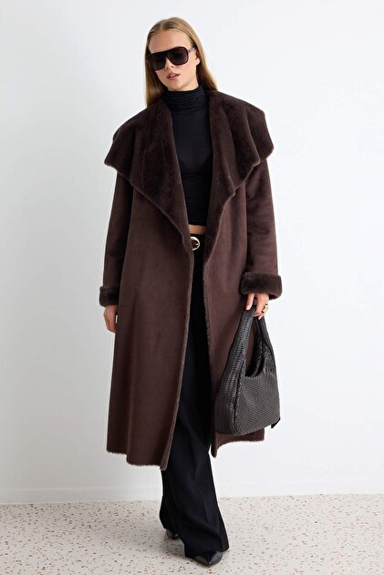 Brown Suede Fur Lined Oversize Long Coat Twoaw27Kb00014