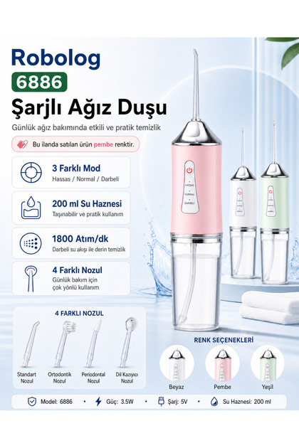 Ağız Duşu Şarj Edilebilir 4 Başlıklı Taşınabilir Diş Protez Ağız Bakım Temizleme 6886 Pembe