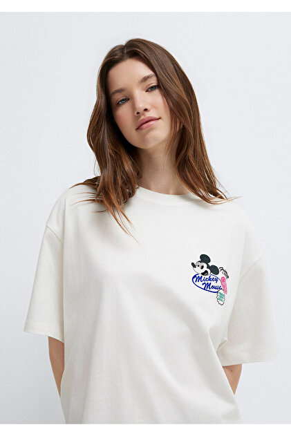 Mavi Mickey Mouse Baskılı Ekru Tişört Oversize / Geniş Kesim