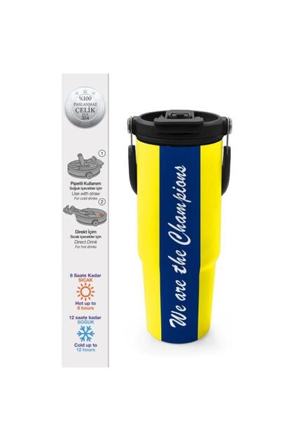 Kids Sarı Lacivert Çubuklu Pipetli ve Direkt İçim Çelik Termos 900 ml 38730