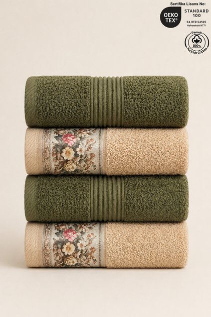 4-Piece Fiore Hand and Face Towel Set 100% Cotton Certified | Striped Green and Floral Beige Towel Set