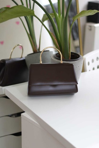 Women's Bitter Brown Matte Leather Metal Handle Detailed Hand & Shoulder Bag