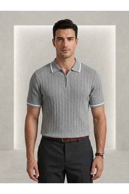 Jared Yakalı Şerit Çizgili Yarım Fermuar Triko Erkek Polo Yaka T-Shirt