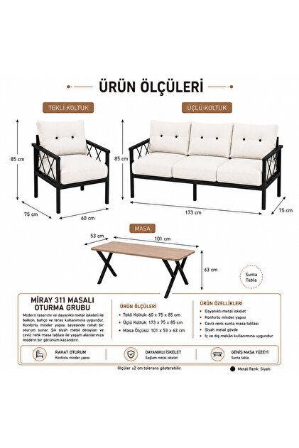 UFUK HOME Miray 311 Masalı Krem Fermuarlı Bahçe Balkon Takımı