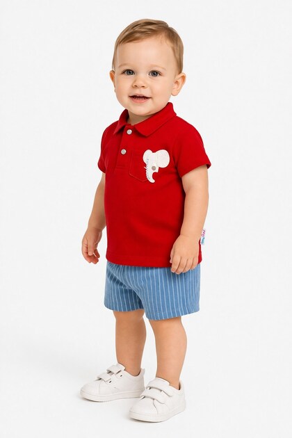 Baby Boy Polo Collar Elephant Embroidered 2-Piece Set with Shorts Summer Fabric 6-24 Months