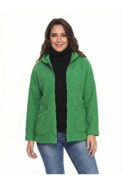Hooded Boucle Large Size Short Coat Green