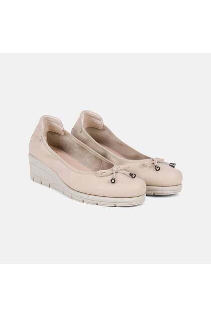 Women's Beige Desacomfort Bowknot Wedge Heeled Leather Ballerinas