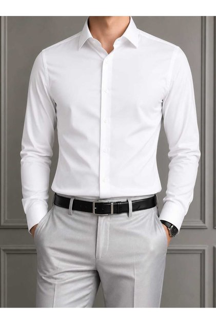 Slim Fit Slim Fit Solid Hard Neck Long Sleeve Easy Ironing Four Seasons White Men's Shirt