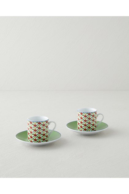 Wisp Porcelain 4 Piece Coffee Cup Set for 2 People 80 ml Green-Red