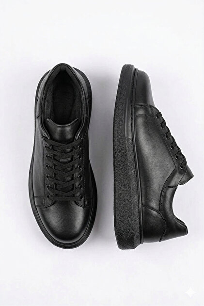 Premium Yüksek Taban Bağcıklı Erkek Sneaker Siyah
