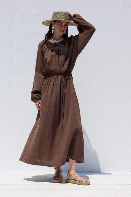 brown muslin dress NINE brown tone flowers muslin silk fluid shirred dress Maisoncleo