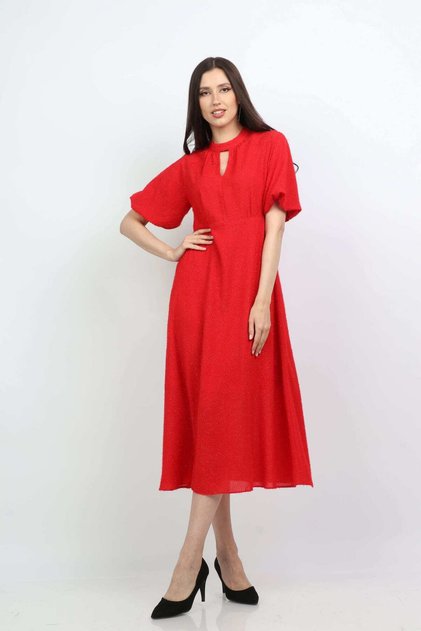 Mid-Length Evening Dress with Triangle Neckline and Short Sleeves