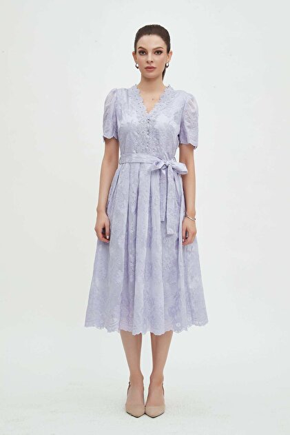 Midi Dress with Half Sleeves, Waist Tie, and V-Neck