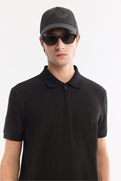 Avva Erkek Siyah Kıvrılmaz Polo Yaka Fermuarlı Jakarlı Regular Fit