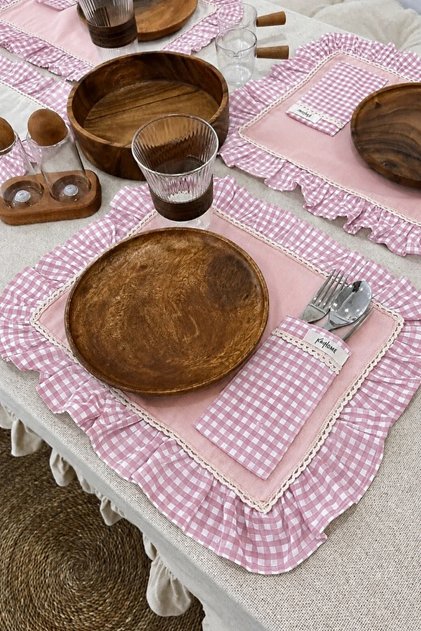 Rosy Pocketed Raw Linen Checkered Ruffle Detailed American Service/ Supla 6 Pcs