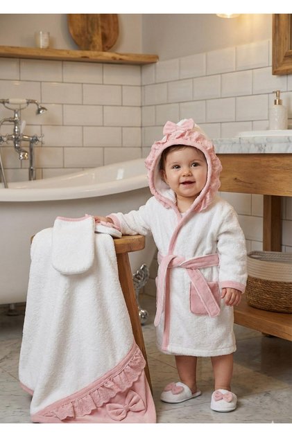 Baby Girl Bathrobe Set with Fistolu and Bow, 4 Pieces Bathrobe Set, Boxed