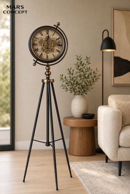 Vintage Hareketli Çarklı Ayaklı Dekoratif Saat 148 cm – 40 cm Çap Metal Tripod Salon Saati