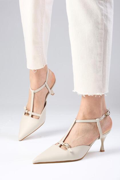 Beige Women's Heeled Shoes with Open Back Straps