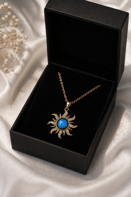 Zirkon Taşlı Vintage Mavi Opal Taş Detaylı Güneş Çelik Kolye