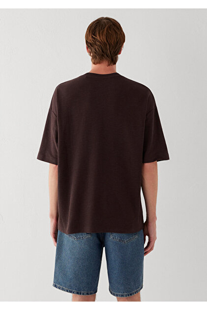 Mavi Dokulu Kahverengi Basic Tişört Oversize / Geniş Kesim 0613665