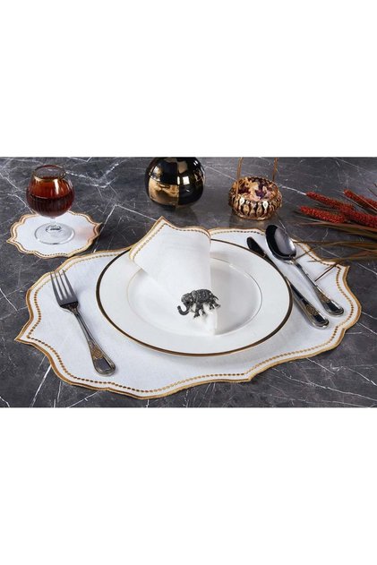 6-Piece American Service Set with Embroidery Lisa Linen Effect - Gold
