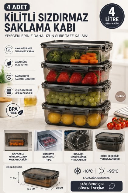 4 Pieces of Lockable Storage Container with Leak-Proof Lid 4 Liter Smoked Storage Container