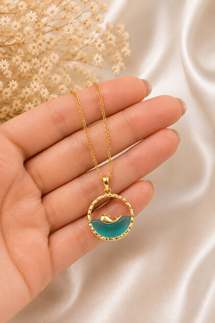 Fish Figured Blue Stone Stainless Steel Gold Color Women's Necklace