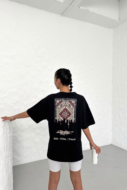 Unisex Black Oversized Rug /Kilim Rug Travel Patterned Techno T-Shirt