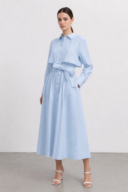Shirt Detail Belted Dress-Baby Blue Baby Blue