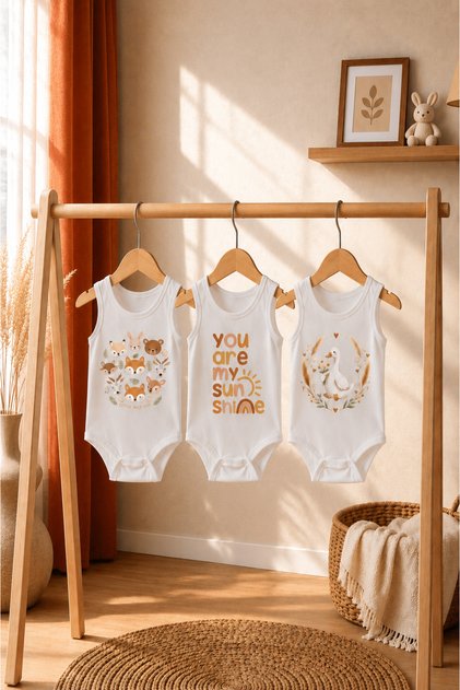 3-Piece Sleeveless Bodysuit Set 100% Cotton Sleeveless Print Detailed Baby Bodysuit Summer Snap Fastener Unisex Bodysuit