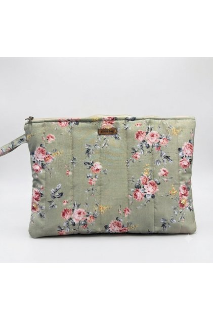 Yeşil Çiçek Desenli Laptop Tablet Çanta %100 pamuk