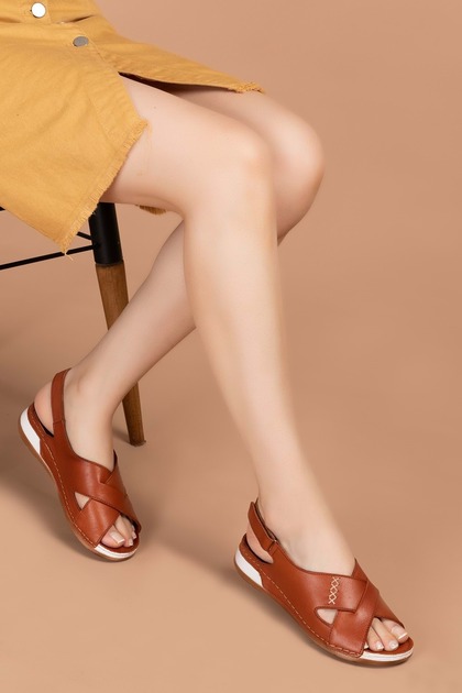 Women's Genuine Leather Anatomical Sole Sandals Iz.4605 Tan