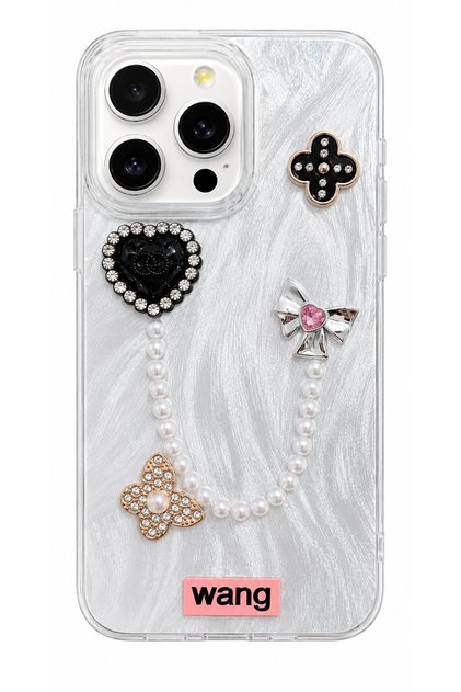 iPhone 16 Pro Stone Case with Pearl Necklace Detail, Marbling Effect, 3D Heart and Motif Charm Cover
