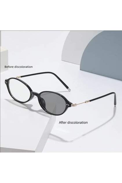 0 Black Oval Frame Literary Myopia Glasses Light-sensitive Color-changing Frame Anti-blue Light Myop
