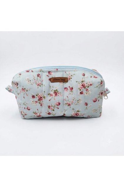 Women's Floral Patterned Makeup Bag Blue Fluffy Bag Organizer, Skincare Bag, 100% Cotton