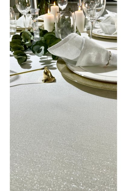 Silver Glitter White Linen Textured Carefree Tablecloth
